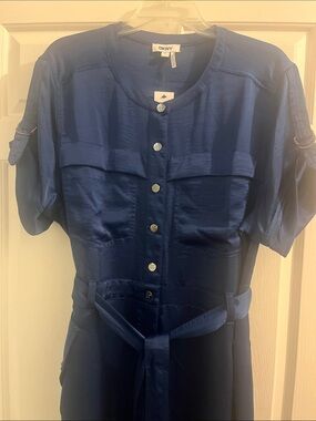 DKNY Satin-Look Navy Button-Front Tunic with Tie Waist